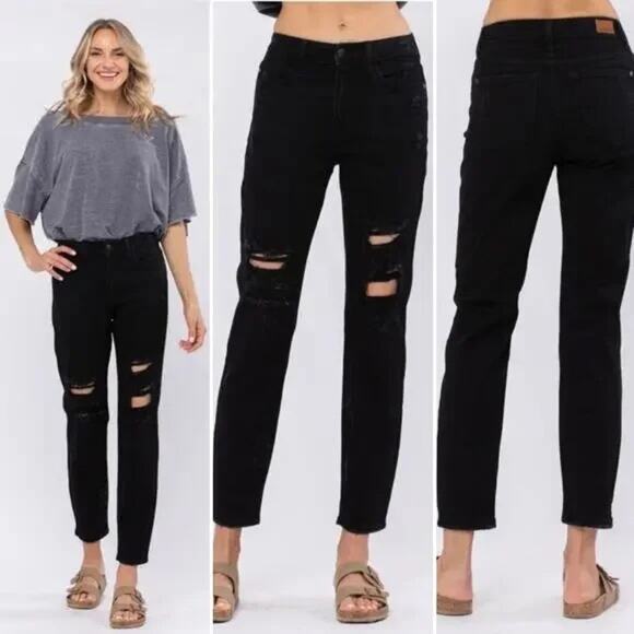 Judy Blue Boyfriend Fit Black Distressed Denim Jeans Size 31 Edgy Grunge Fall - Picture 1 of 8